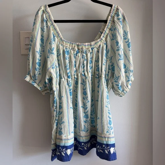 Free People Santorini Print Puff Sleeve Empire Waist Long Cotton Tunic Top NEW L - Picture 3 of 11